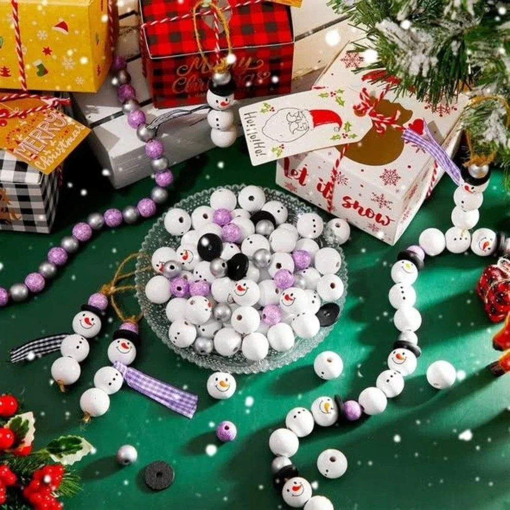 Snowman Wooden Bead Kit Winter DIY Craft Set Purple Silver Gingham Ribbon Twine